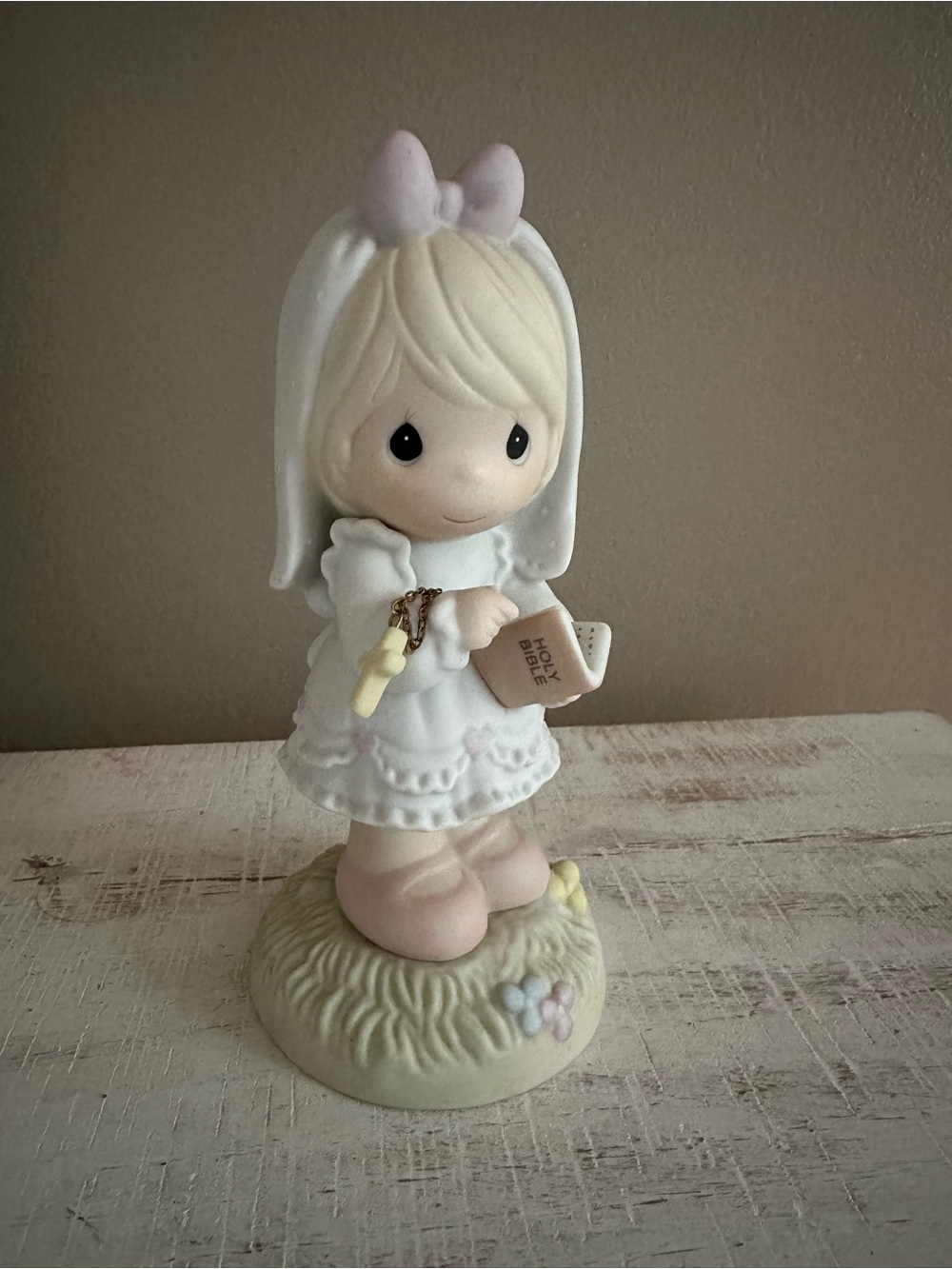 Precious Moments White and Pink Girl Figurine with Bible